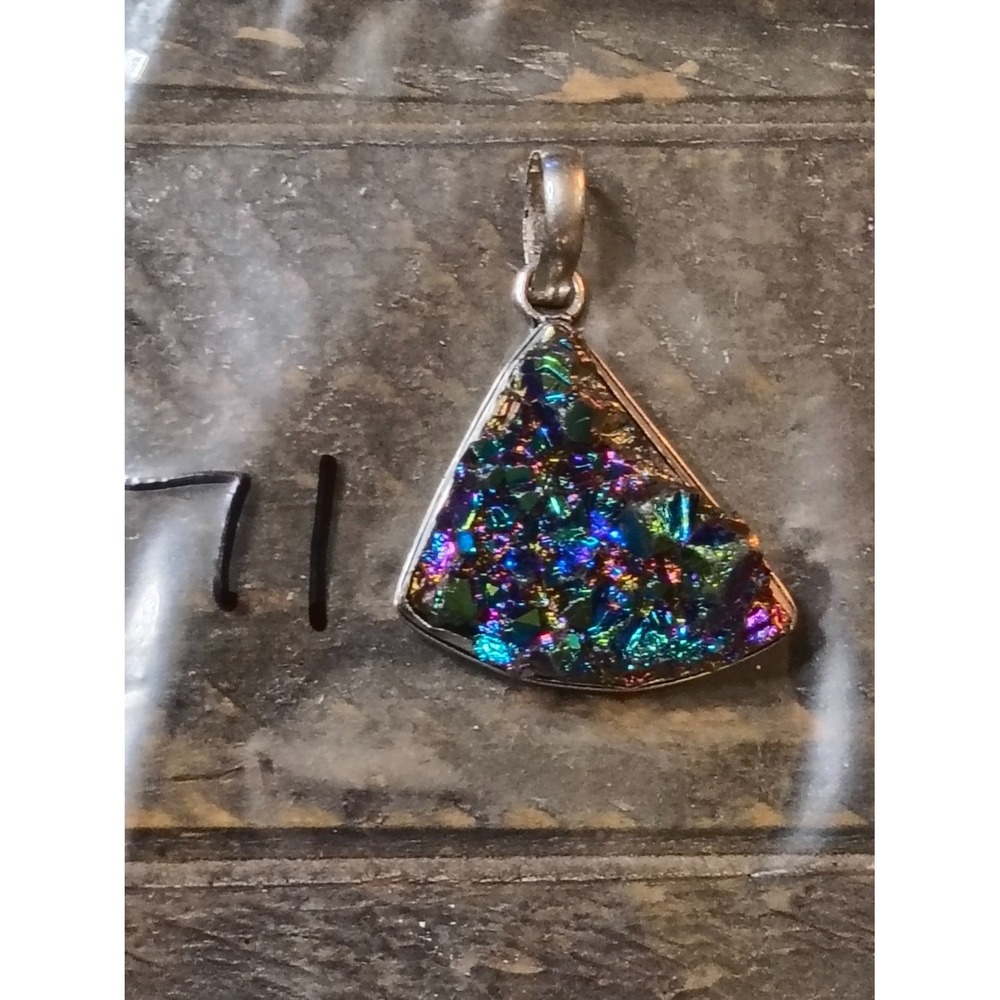 Titanium Rainbow Druzy Quartz 925 Sterling Silver Triangle Pendant 16.6g
